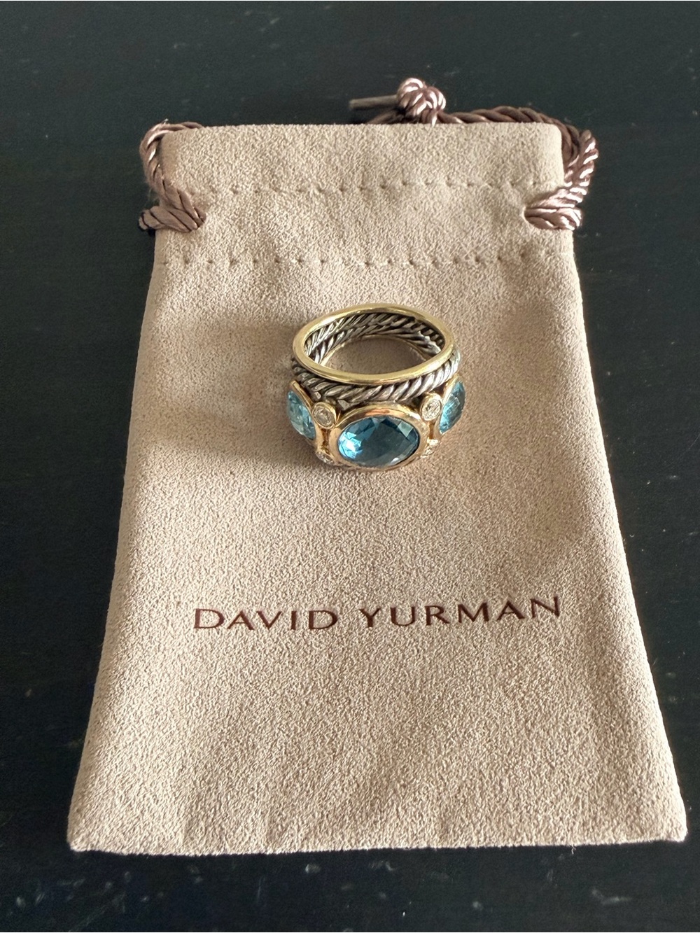 David Yurman Mosaic Ring Blue Topaz Diamonds Sterling 18K Gold Size 5.5